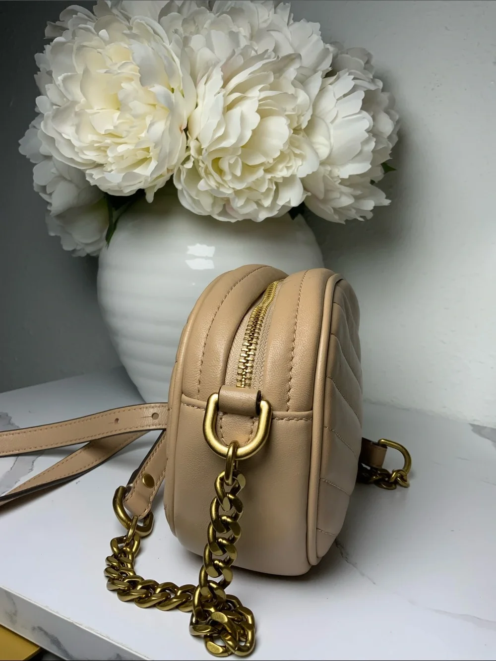 Tory Burch Quilted Camera Crossbody in Light Beige with Gold Hardware